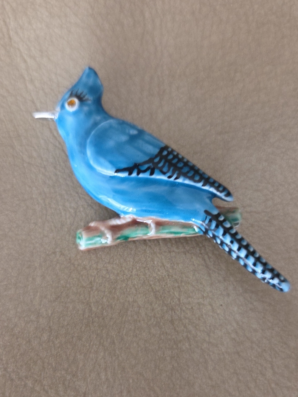Vintage Enamel Blue Bird Blue Jay Brooch Red Rhinestones Eyes Pin Excellent